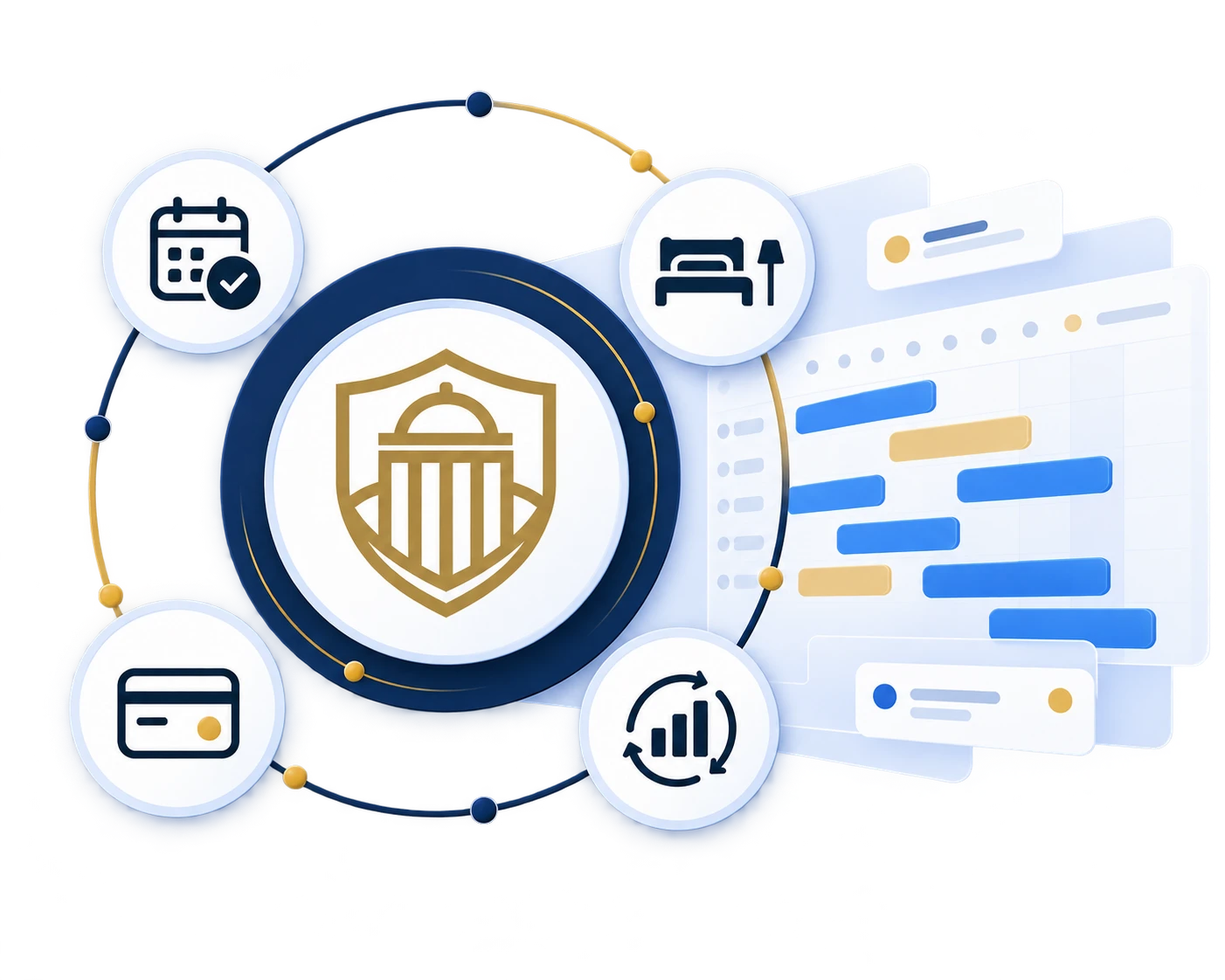 DOMERA ecosystem linking bookings, rooms, teams, payments and management.