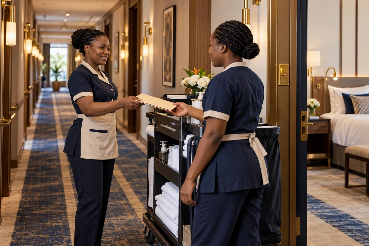 Two housekeeping colleagues handing over a folder, illustration.