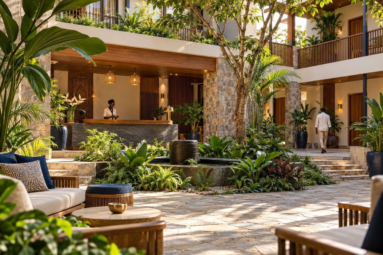 Courtyard and reception of a fictional independent hotel.